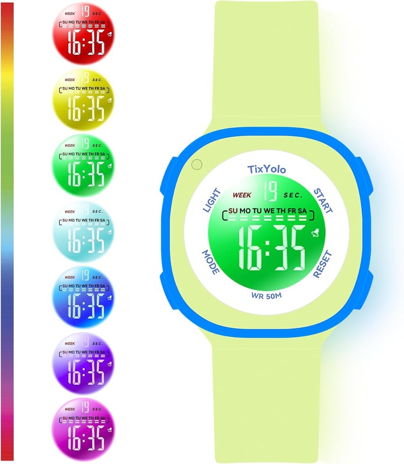 TixYolo Digital Kids Watch with 7 Color Lights 50M Waterproof,Alarm,Stopwatch,Soft Strap,Children Gifts Sports Watch for Boys Girls 5-12 Years - Image 4